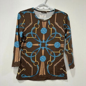 J Mclaughlin Womens Signature Shirt Small Brown Crew‎ Neck Stretch Chain NEW